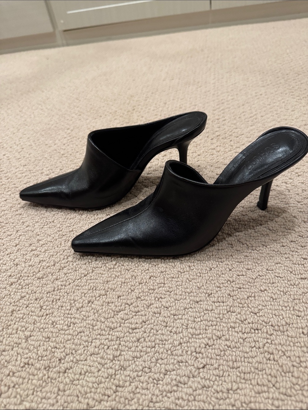 Pointed Black Leather Mule Heels - Sleek Slip-On Stiletto